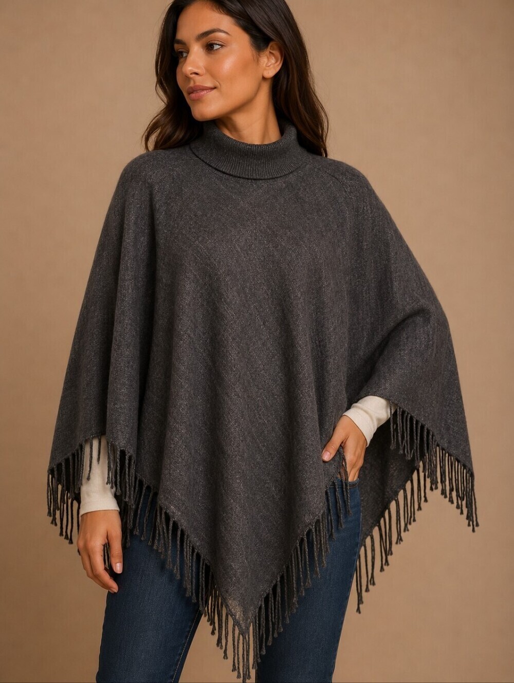 3/$30 Dark Gray Turtleneck Fringe Cape Poncho